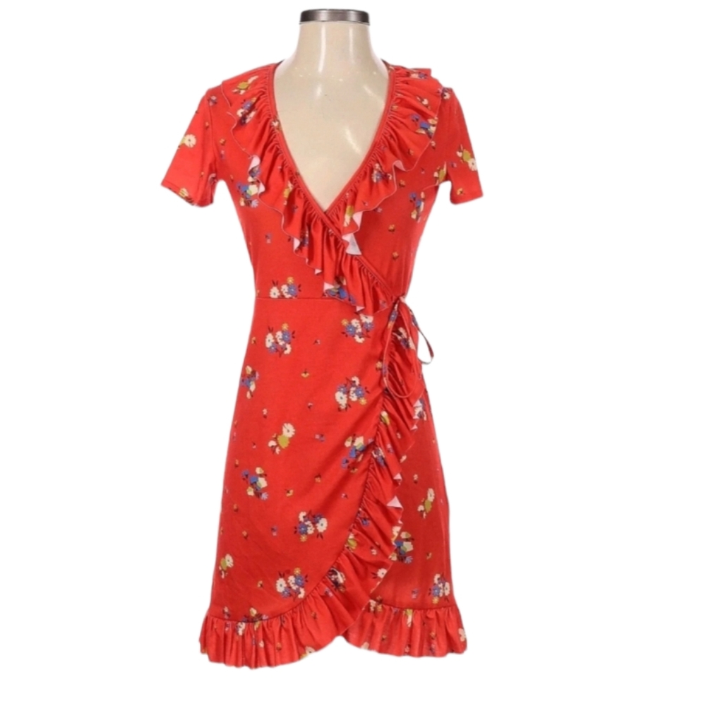 Asos Red Orange Floral Print‎ Casual Wrap Ruffle Trim Dress Size 4